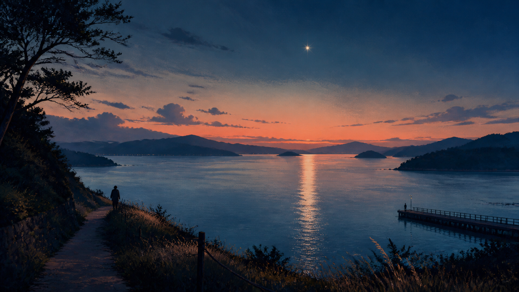 夕暮れの瀬戸内海を隔てて二人の人影が星を見上げる海辺の風景