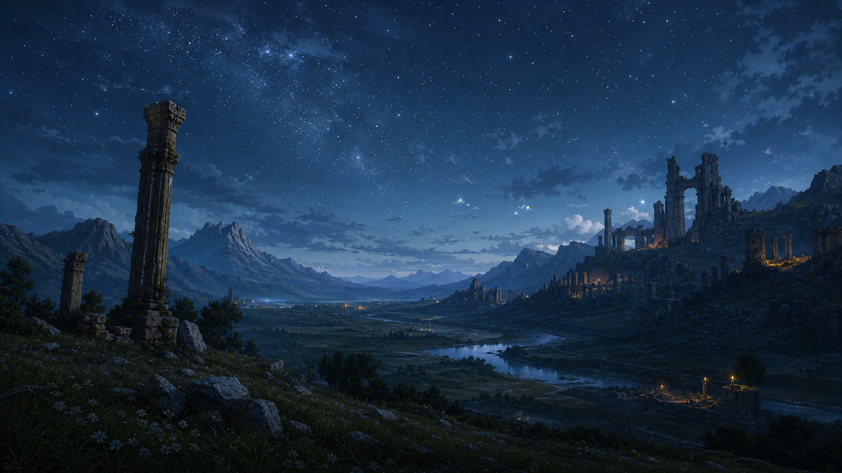 星空の下に広がる谷と遠くの石造遺跡、川沿いの灯りを描いたファンタジー風景