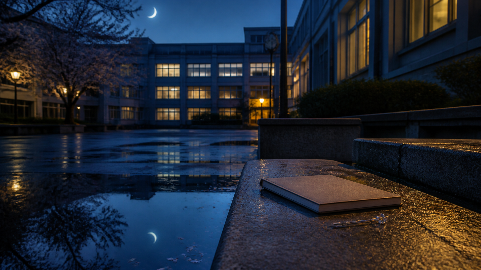 月明かりの学校の中庭で、石のベンチに無地のノートと小さな髪飾りが置かれた夜景